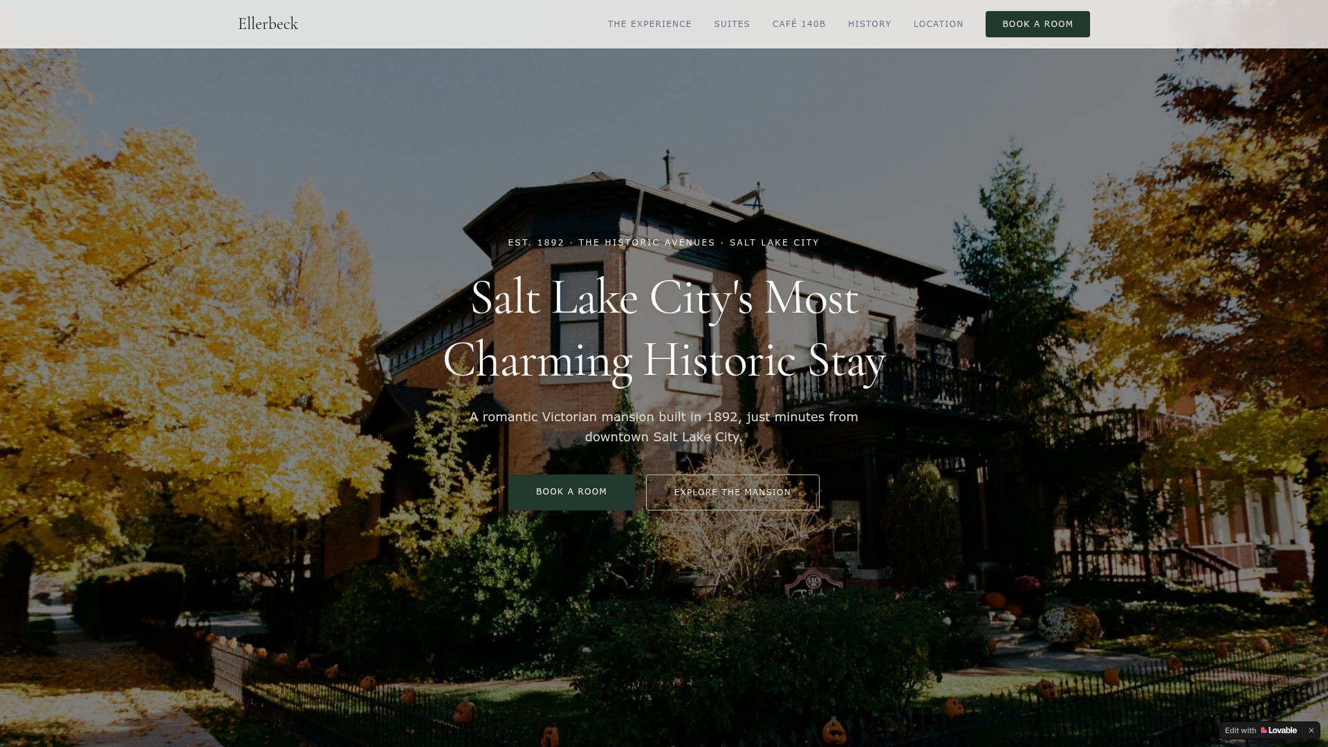 Ellerbeck Bed & Breakfast website showcasing a historic Victorian mansion in Salt Lake City