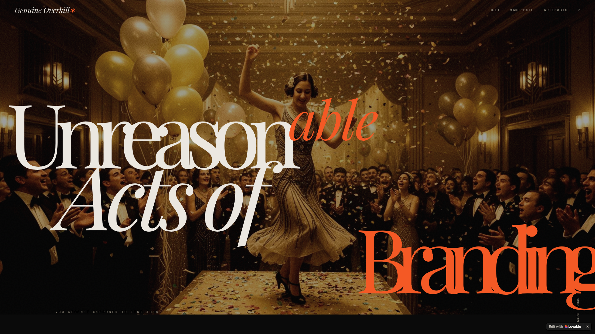 Genuine Overkill creative studio website with bold cinematic typography and dark editorial design